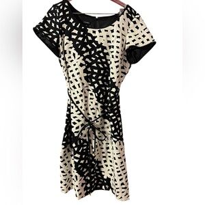 Talbots Black & Cream Geometric Tie-Waist Midi Dress